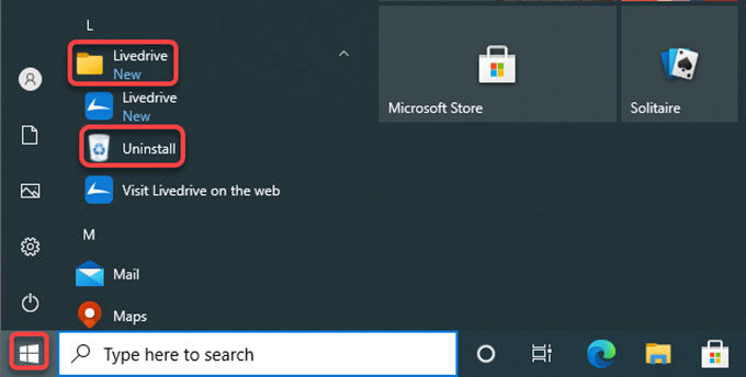 uninstall Livedrive from Start menu