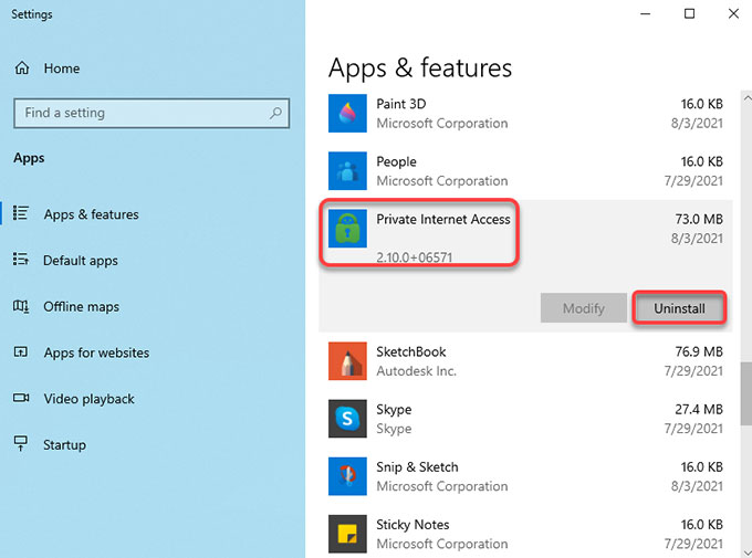 Uninstall Private Internet Access