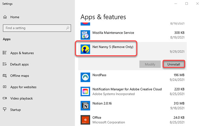 uninstall remove Net Nanny on Windows