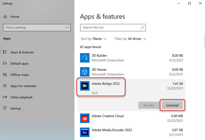 uninstall Adobe Bridge