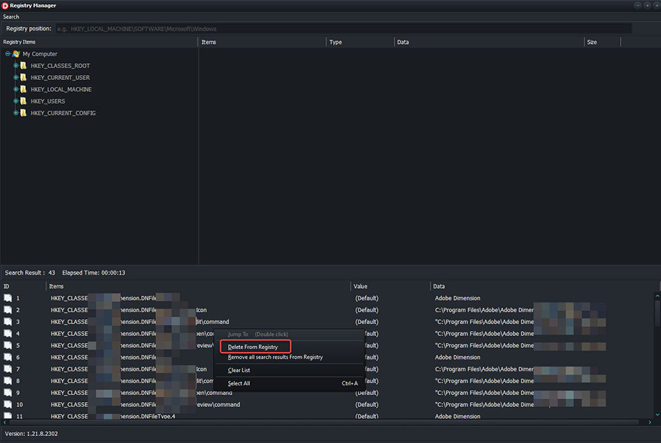 delete Adobe Dimension registry