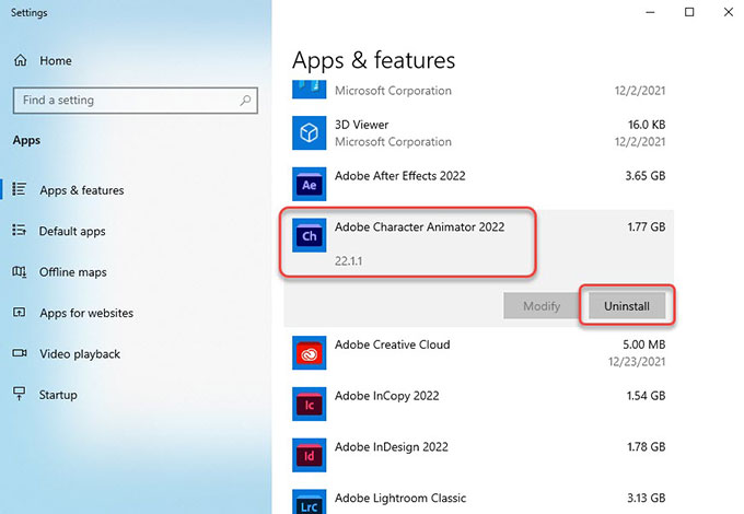 uninstall Adobe Character Animator