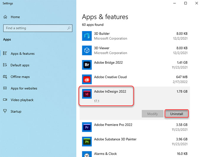 uninstall Adobe InDesign